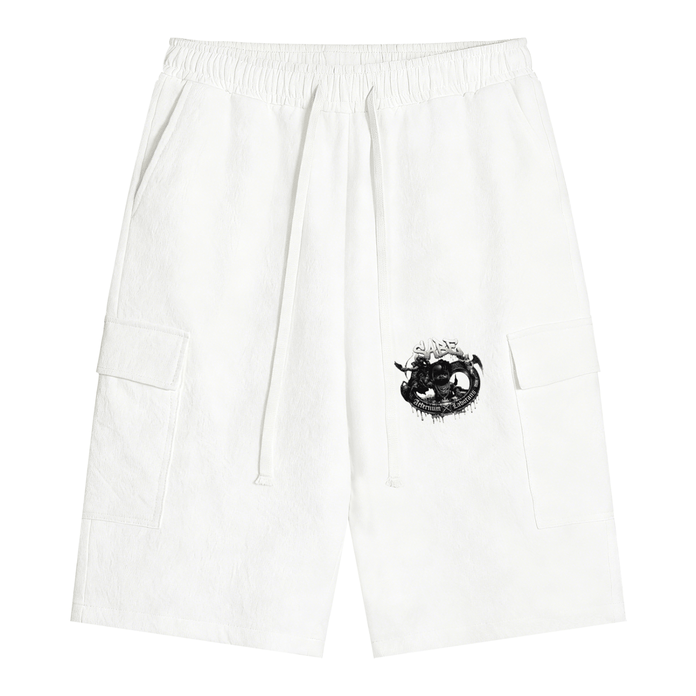White Unisex Drawstring Cargo Shorts
