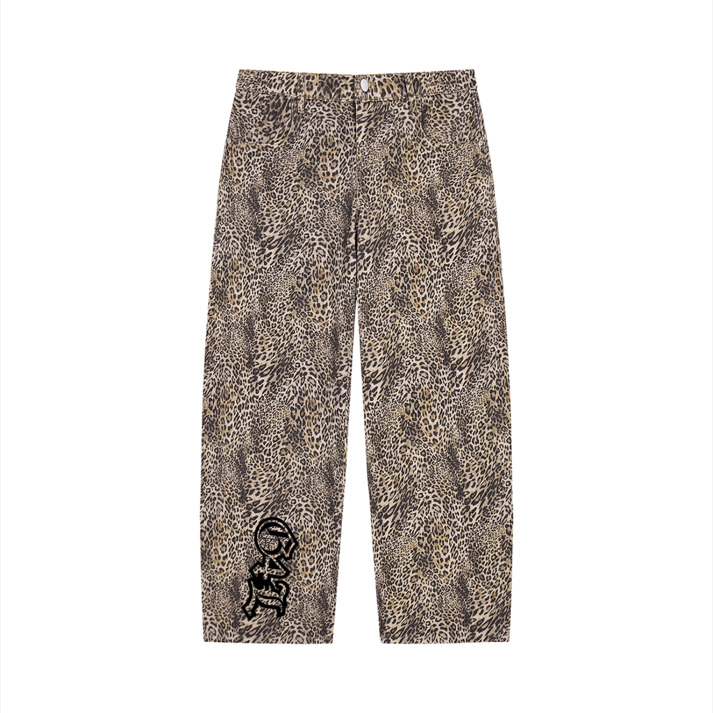 Unisex Vintage Wash Leopard Wide Leg Jeans