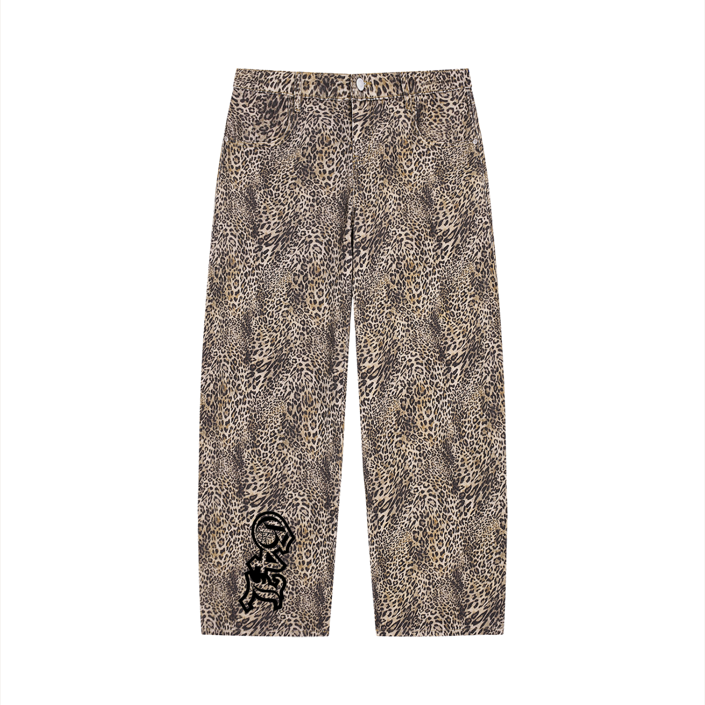 Unisex Vintage Wash Leopard Wide Leg Jeans