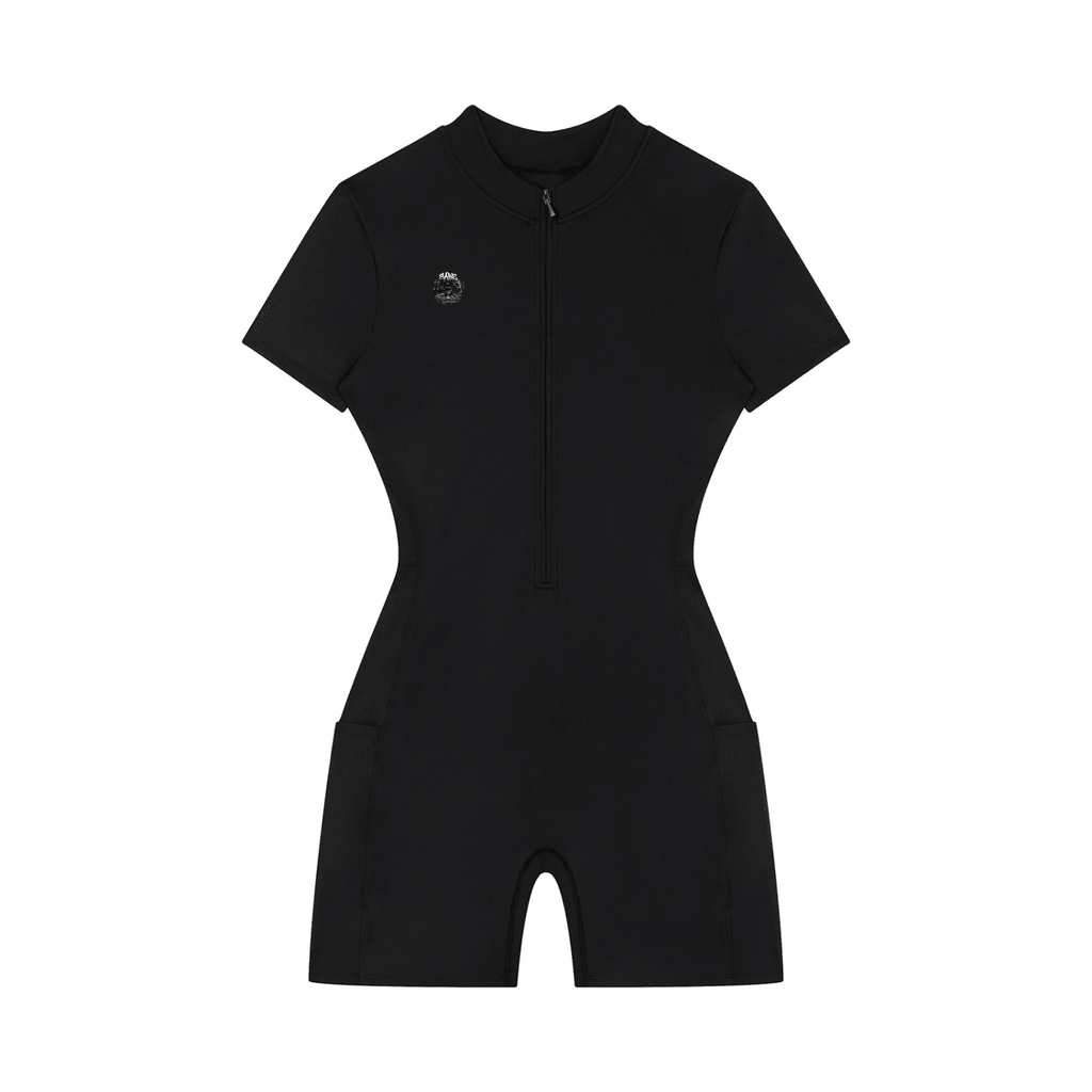 Black Quarter-Zip Short Sleeve Romper