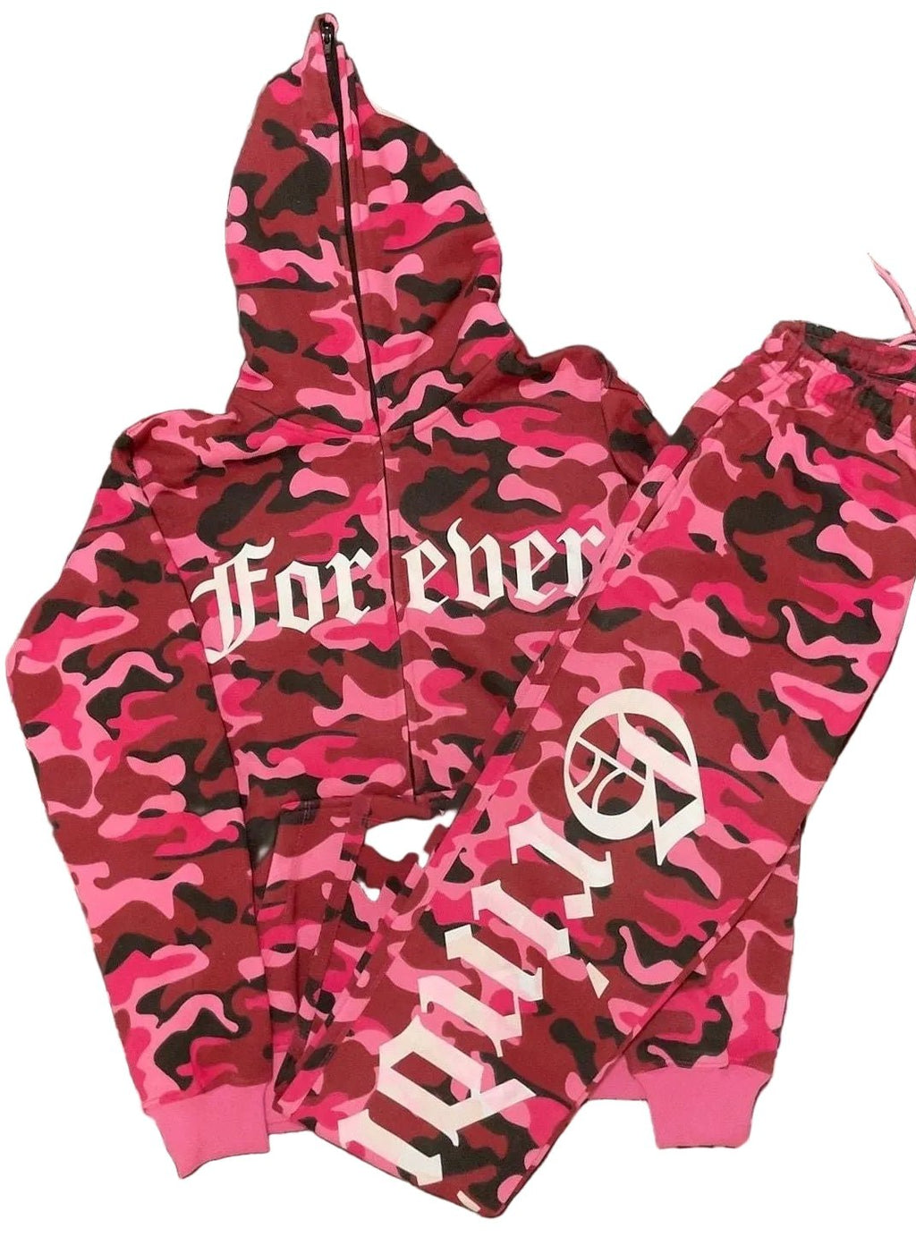 Pink Camouflage Zip Hoodie and Stacked Pants Outfit Set