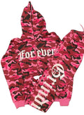Pink Camouflage Zip Hoodie and Stacked Pants Outfit Set