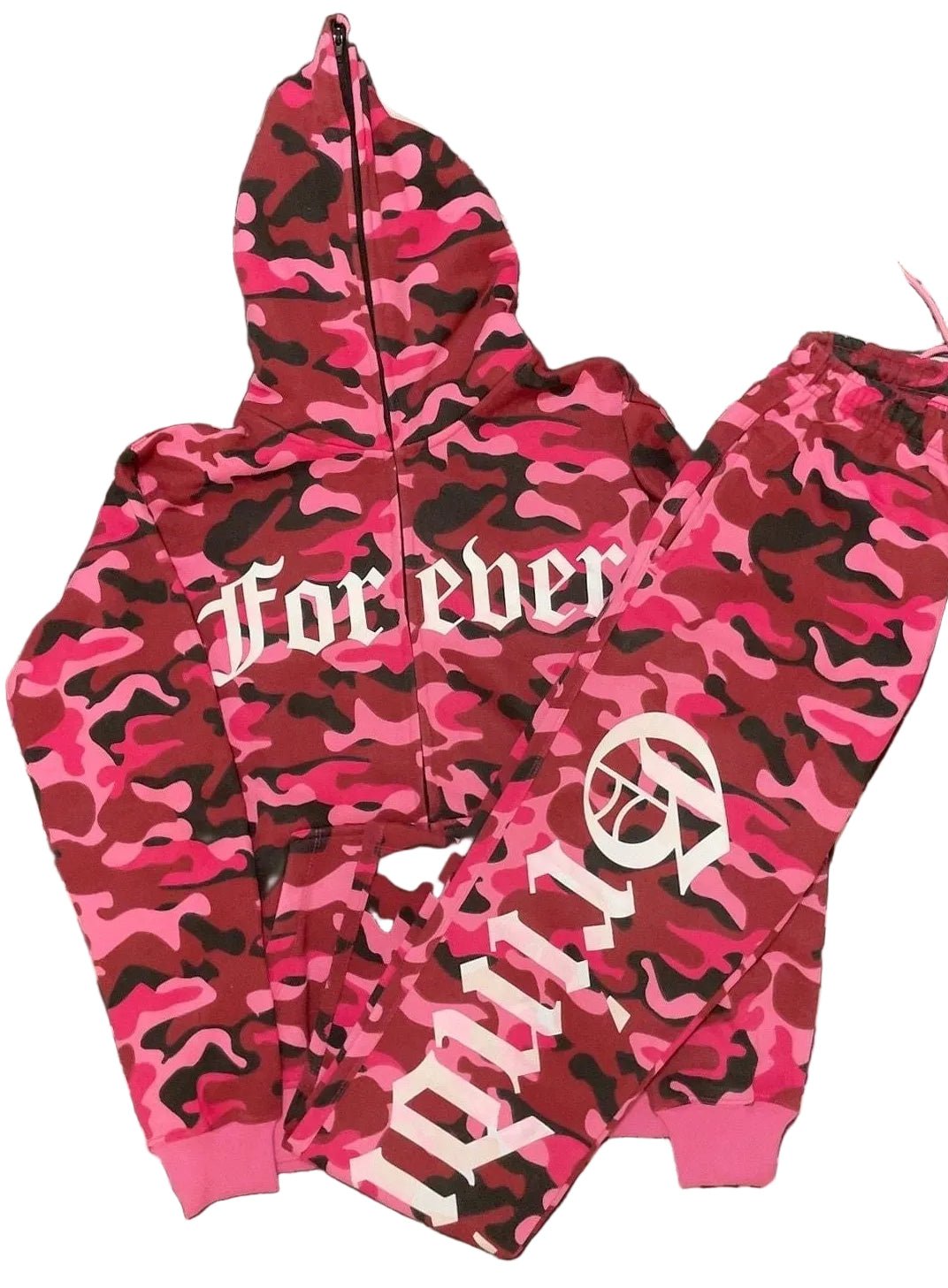 Pink Camouflage Zip Hoodie and Stacked Pants Outfit Set