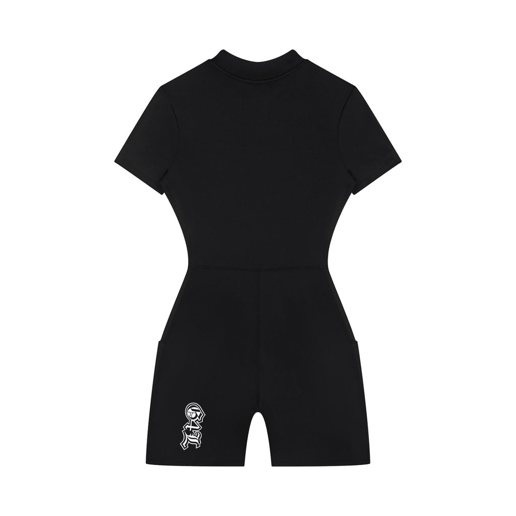 Black Quarter-Zip Short Sleeve Romper