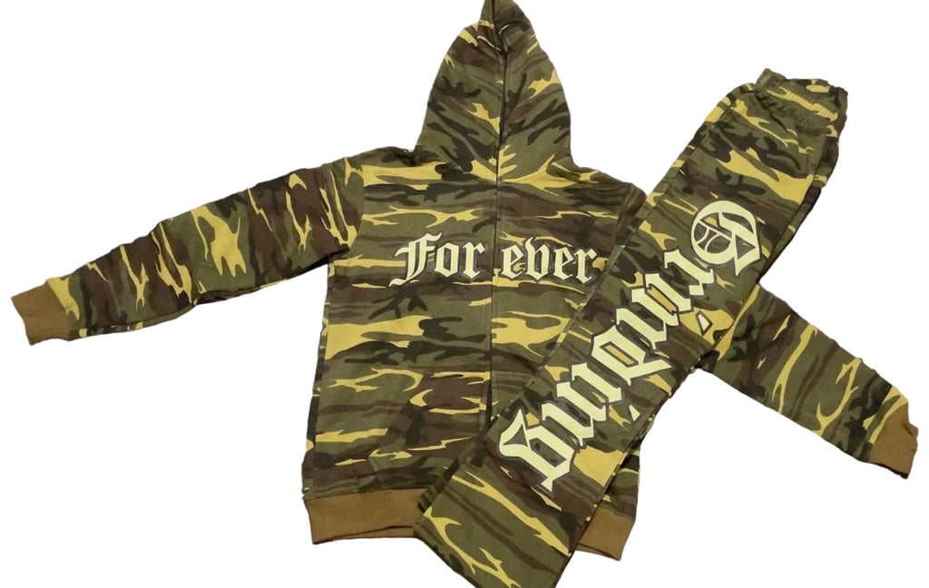 Dark Green Camouflage Zip Hoodie and Stacked Pants Outfit Set