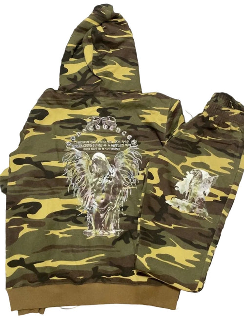 Dark Green Camouflage Zip Hoodie and Stacked Pants Outfit Set