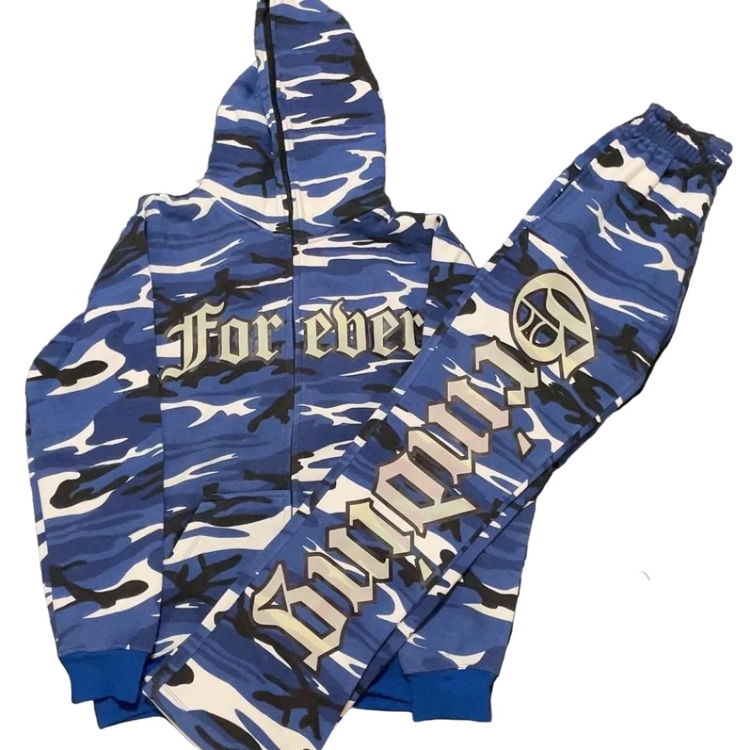 Blue Camouflage Zip Hoodie and Stacked Pants Outfit Set