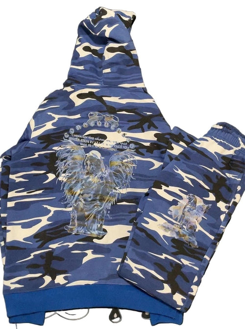Blue Camouflage Zip Hoodie and Stacked Pants Outfit Set