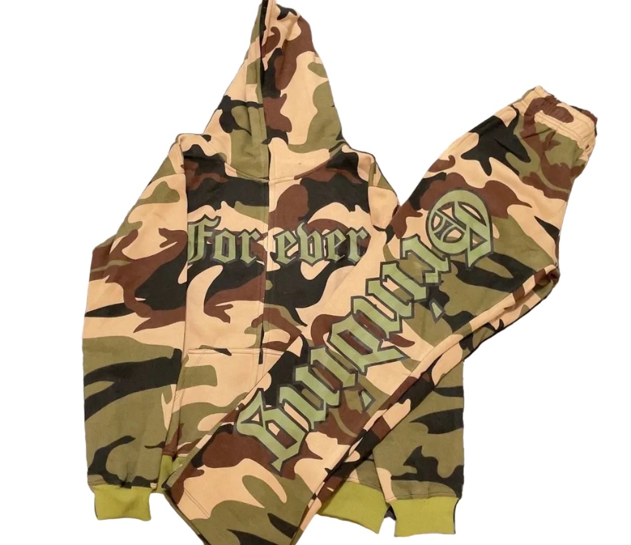Tan Camouflage Zip Hoodie and Stacked Pants Outfit Set