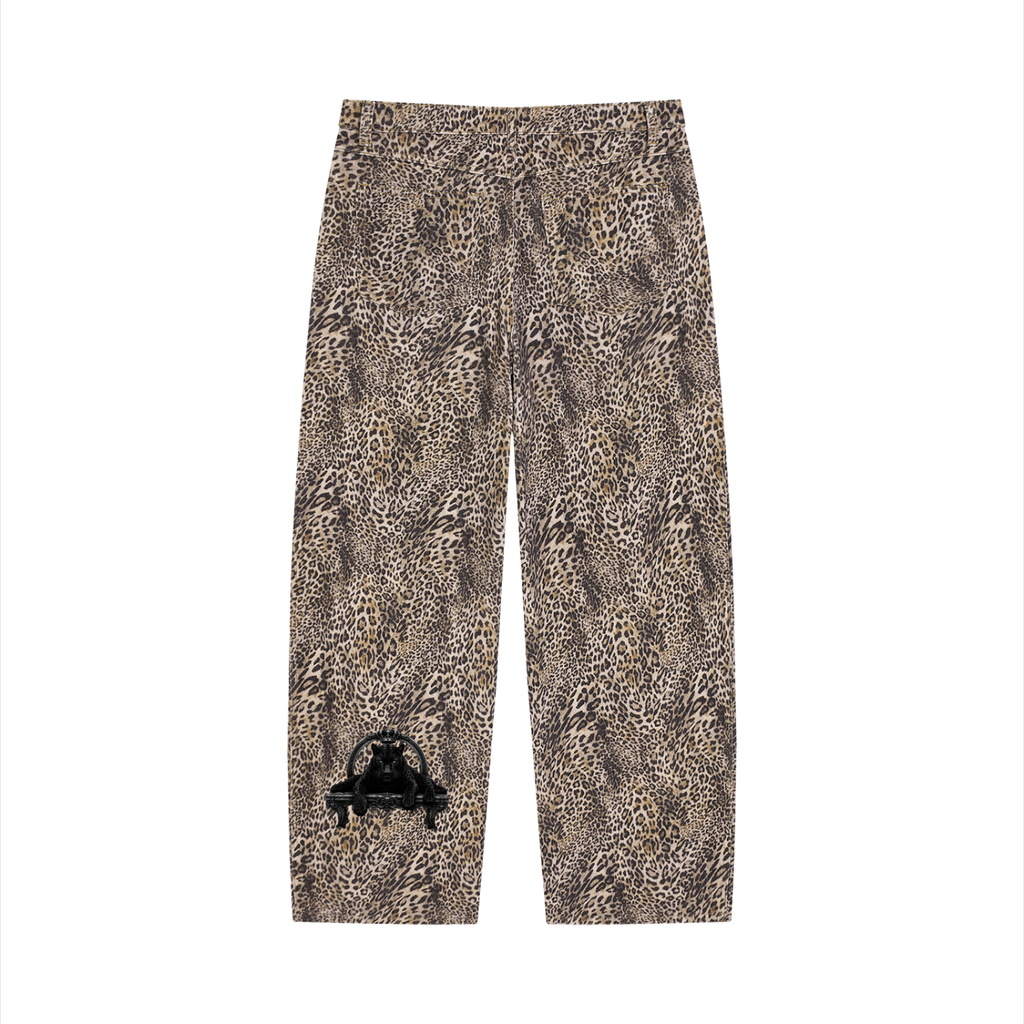 Unisex Vintage Wash Leopard Wide Leg Jeans